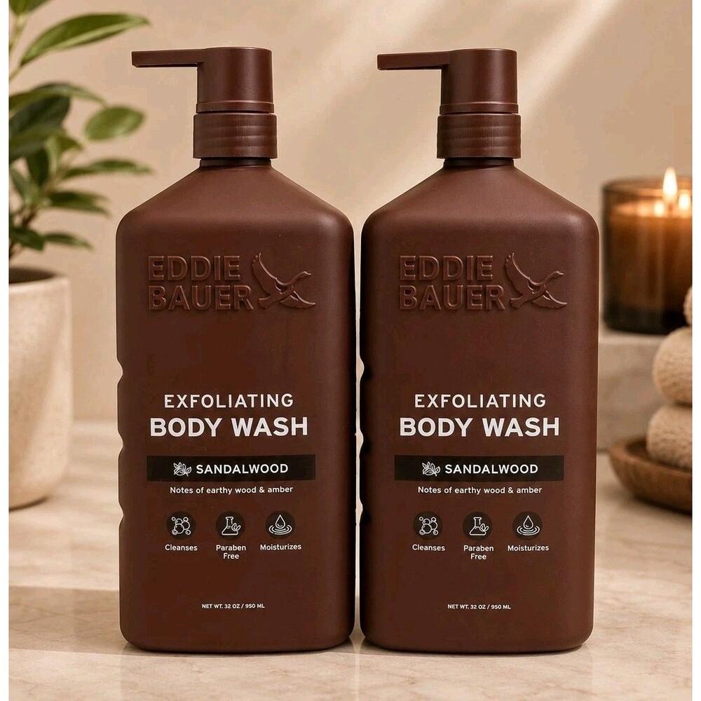2 Pack EDDIE BAUER Exfoliating Sandlewood Moisturizing Body Wash 32 Oz EA Jumbo